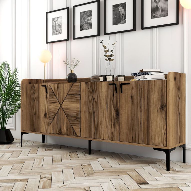 Credenza Marrone Noce 2 Ripiani Apertura Battente 180x35x78h cm, 4 Ante - Elini