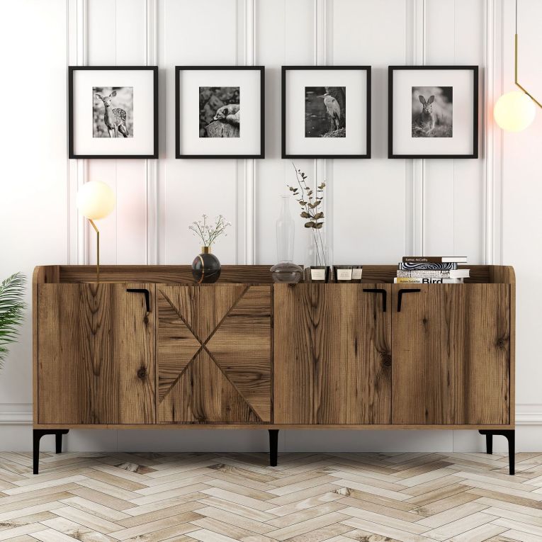 Credenza Marrone Noce 2 Ripiani Apertura Battente 180x35x78h cm, 4 Ante - Elini