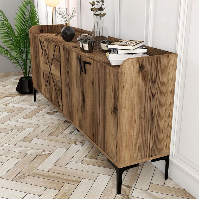Credenza Marrone Noce 2 Ripiani Apertura Battente 180x35x78h cm, 4 Ante - Elini