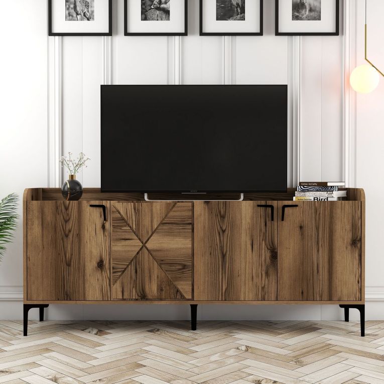 Credenza Marrone Noce 2 Ripiani Apertura Battente 180x35x78h cm, 4 Ante - Elini