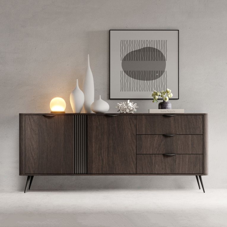 Credenza Marrone Noce 3 Cassetti 2 Ripiani 195x38x81h cm, Apertura Battente, Scorrevole - Kabatiti