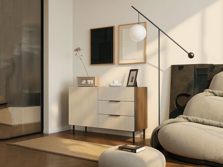 Credenza Marrone Noce Beige Cashmere un Ripiano 3 Cassetti 104x42x75h cm, Un'anta - Grad