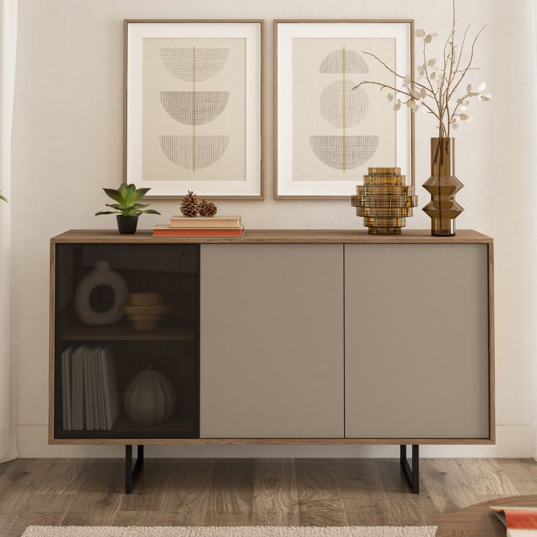 Credenza Marrone Noce Beige Cassetti 3 Ripiani 184x40x87h cm, Apertura Battente - Capena