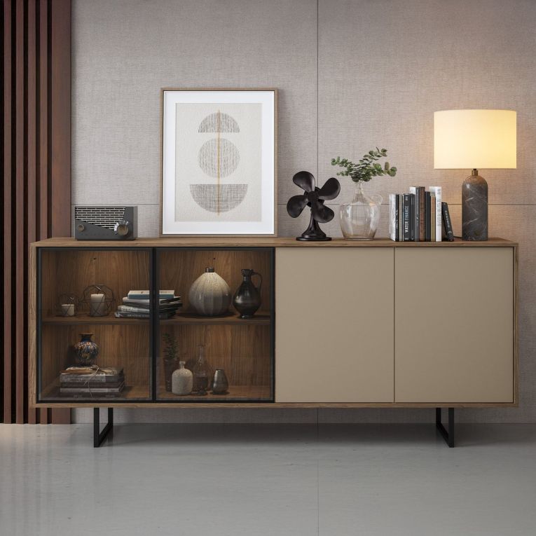 Credenza Marrone Noce Beige Cassetti 3 Ripiani 200x40x87h cm, Apertura Battente - Malnate