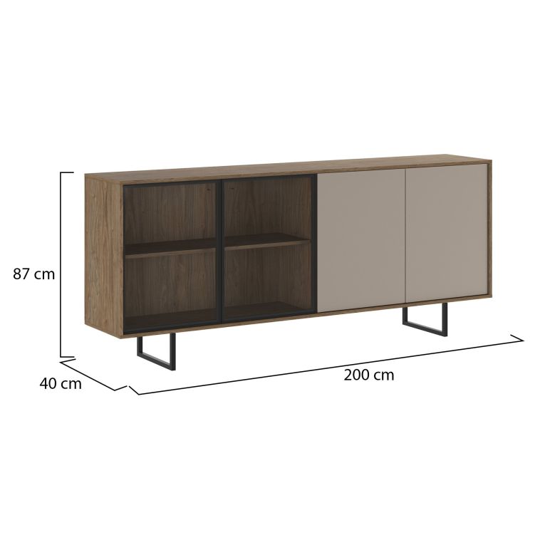 Credenza Marrone Noce Beige Cassetti 3 Ripiani 200x40x87h cm, Apertura Battente - Malnate