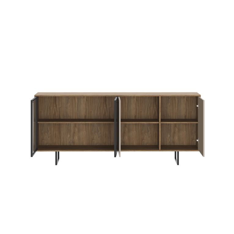 Credenza Marrone Noce Beige Cassetti 3 Ripiani 200x40x87h cm, Apertura Battente - Malnate