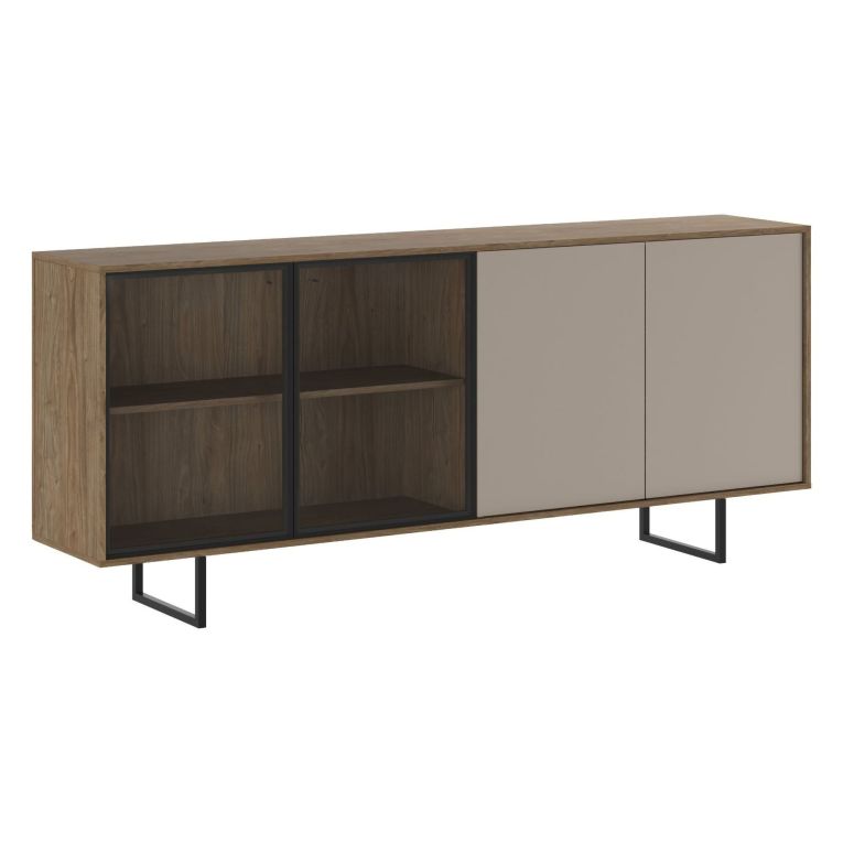 Credenza Marrone Noce Beige Cassetti 3 Ripiani 200x40x87h cm, Apertura Battente - Malnate