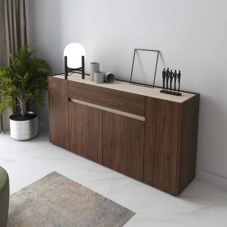 Credenza Marrone Noce Beige un Cassetto Apertura Battente, Scorrevole 170x40x85h cm, 4 Ante - Cirimido