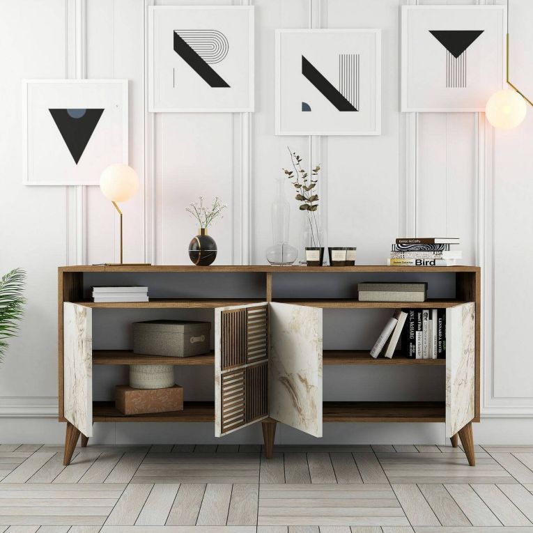 Credenza Marrone Noce Bianco Marmo Cassetti 2 Ripiani 160x35x78h cm, Apertura Battente - Benjamin