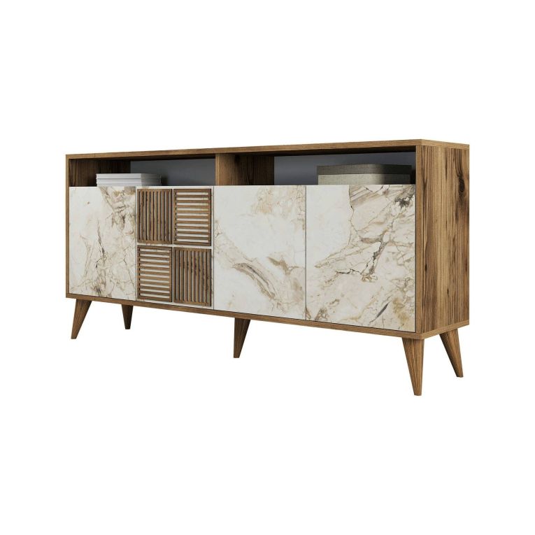 Credenza Marrone Noce Bianco Marmo Cassetti 2 Ripiani 160x35x78h cm, Apertura Battente - Benjamin