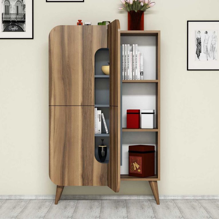 Credenza Marrone Noce blu 7 Ripiani 10 Vani 93x32x144h cm, 2 Ante - Paularo