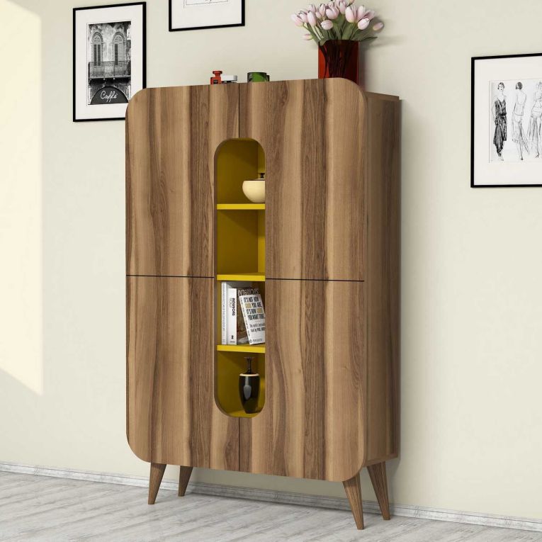Credenza Marrone Noce Giallo 7 Ripiani 10 Vani 93x32x144h cm, 2 Ante - Paularo