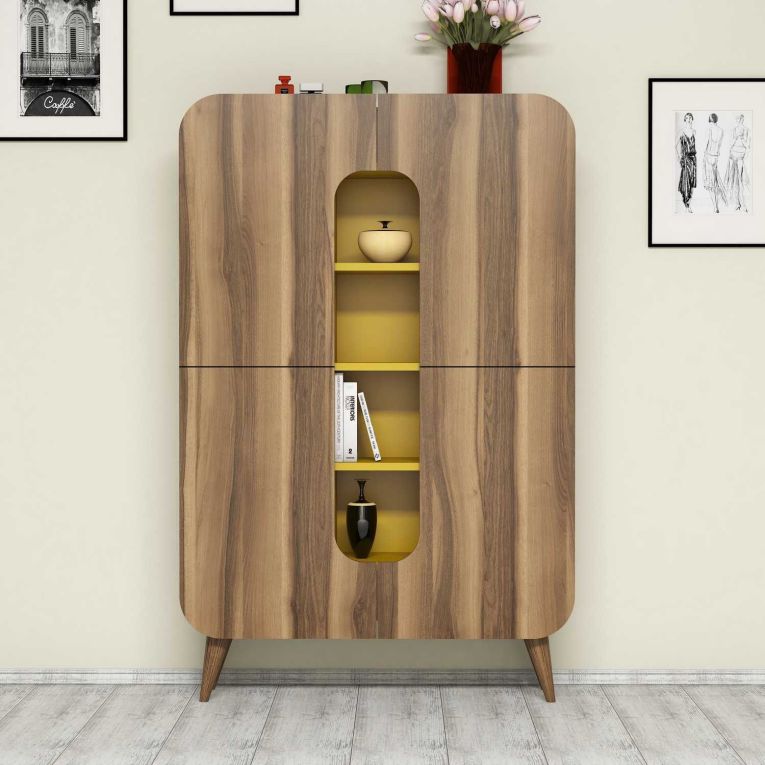 Credenza Marrone Noce Giallo 7 Ripiani 10 Vani 93x32x144h cm, 2 Ante - Paularo