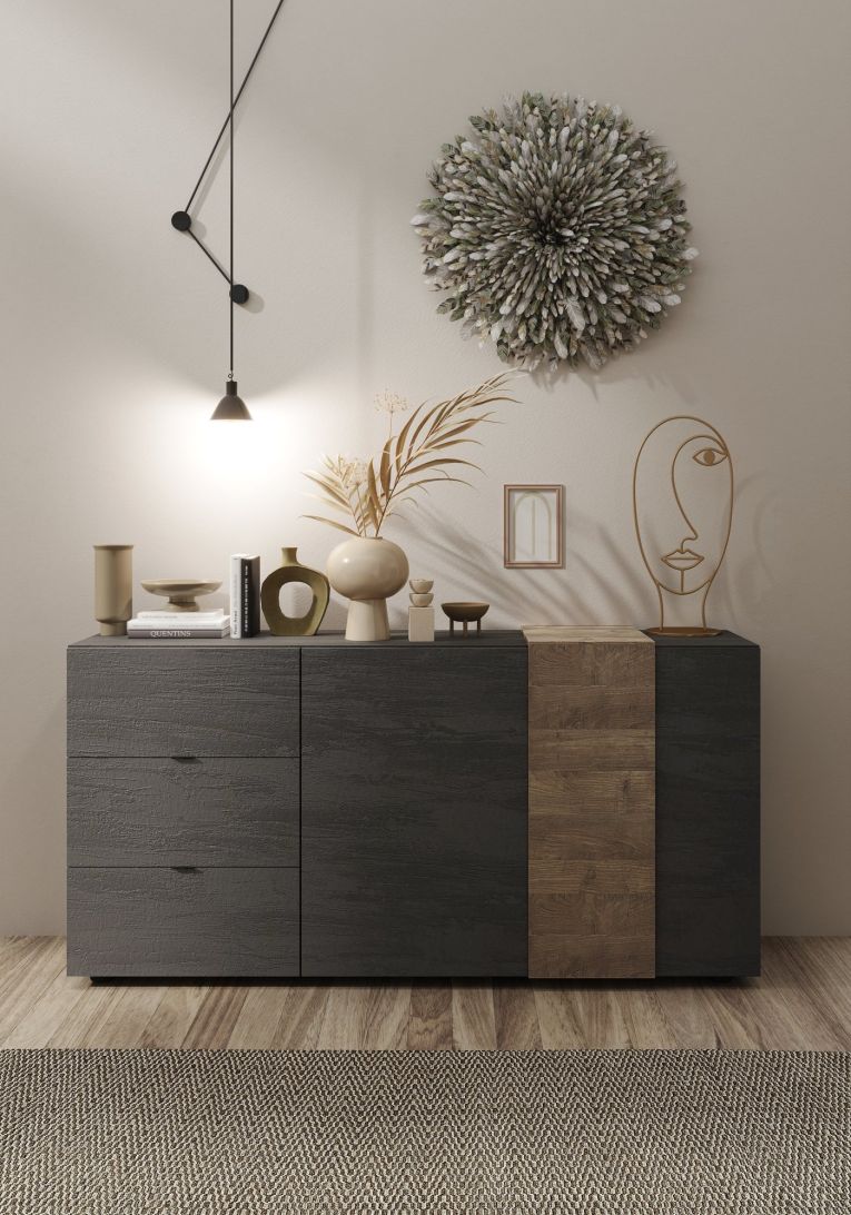 Credenza Marrone Noce Marrone Rovere 3 Cassetti 2 Ripiani 181x44x84h cm, 2 Ante - Carinola