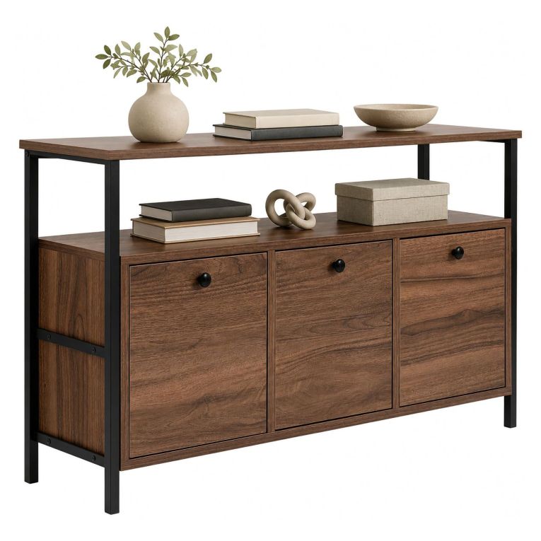 Credenza Marrone Noce Nero 2 Ripiani 3 Vani 120x30x77h cm, 3 Ante - Noda