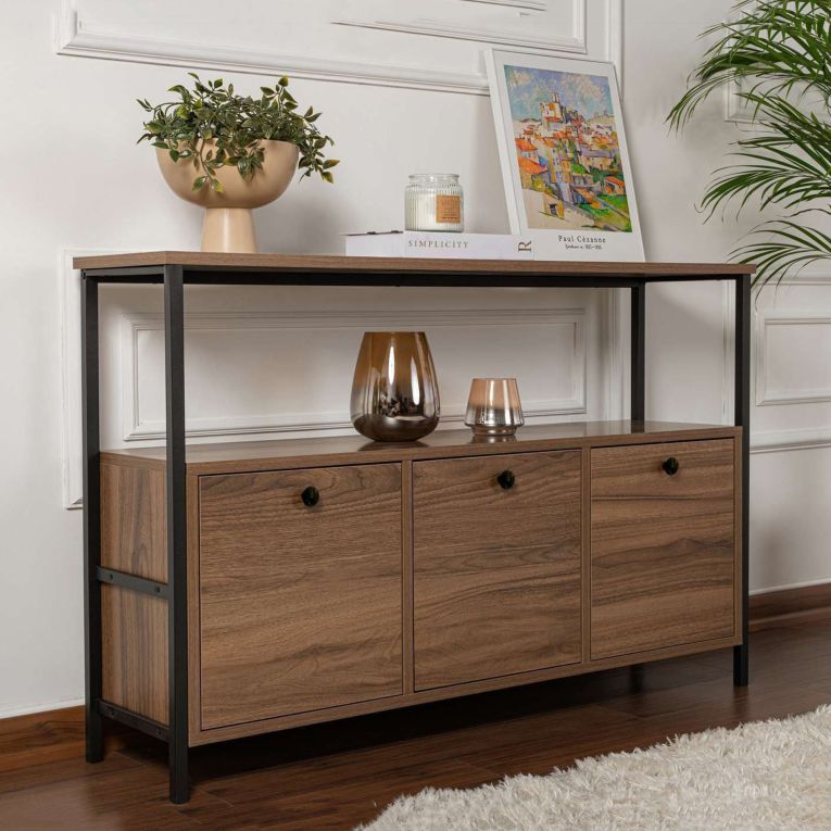Credenza Marrone Noce Nero 2 Ripiani 3 Vani 120x30x77h cm, 3 Ante - Noda