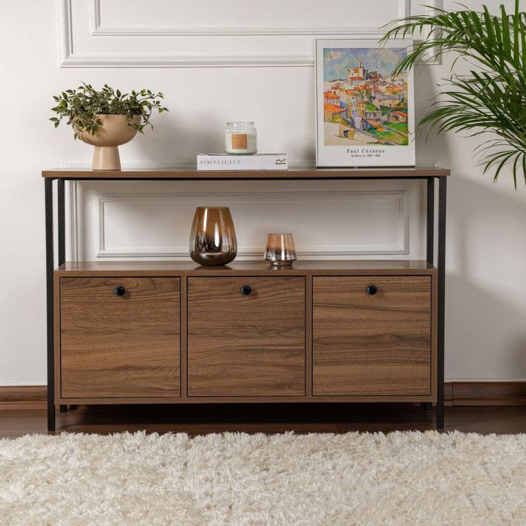 Credenza Marrone Noce Nero 2 Ripiani 3 Vani 120x30x77h cm, 3 Ante - Noda