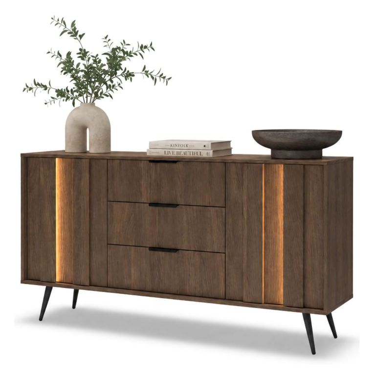 Credenza Marrone Noce Nero 3 Cassetti 2 Ripiani 154x40x87h cm, Apertura Battente, Scorrevole - Hahasasi