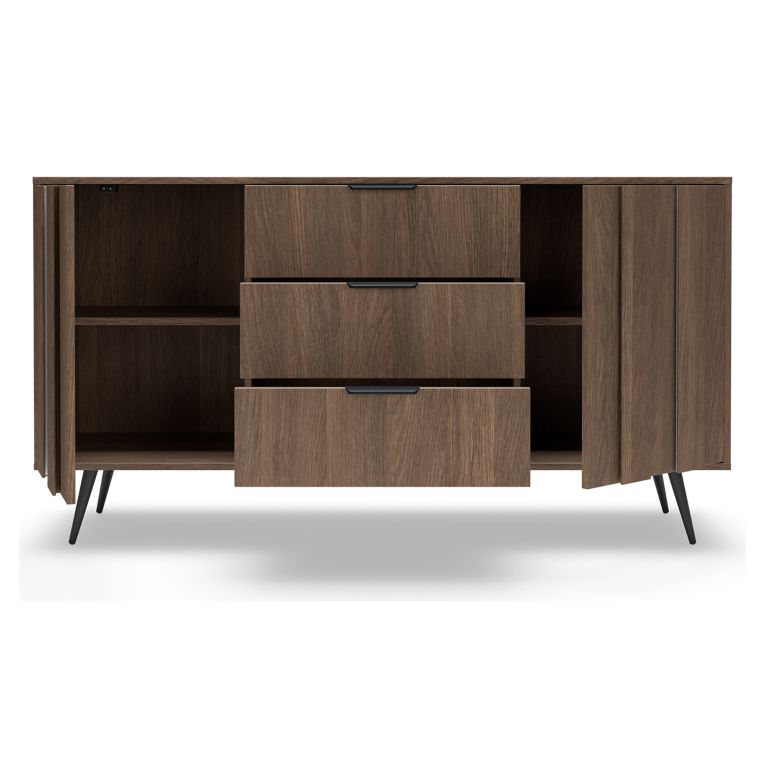 Credenza Marrone Noce Nero 3 Cassetti 2 Ripiani 154x40x87h cm, Apertura Battente, Scorrevole - Hahasasi