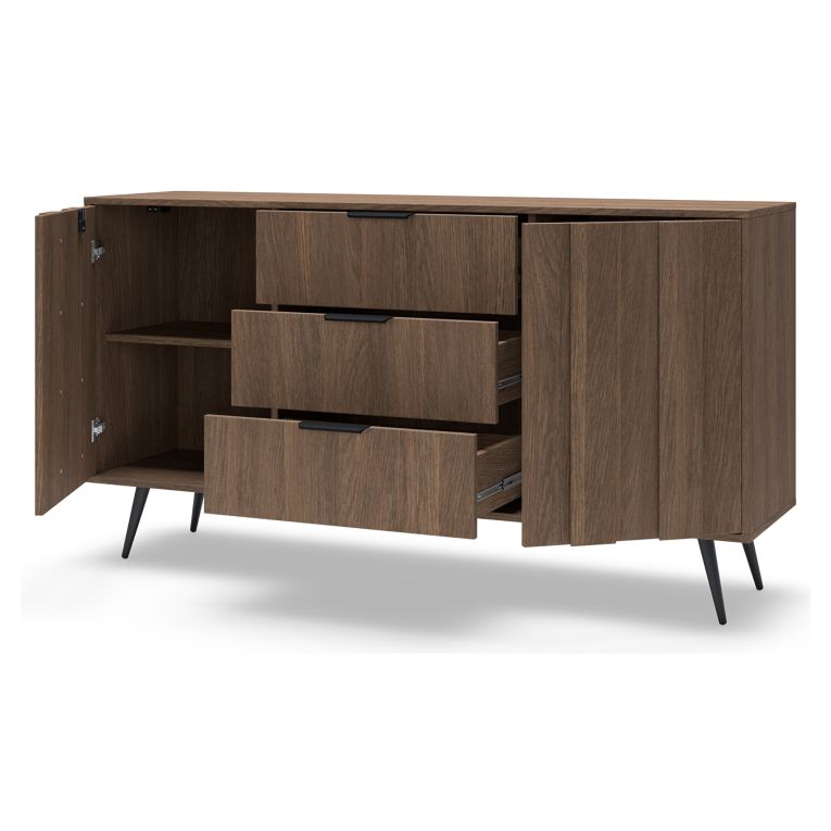 Credenza Marrone Noce Nero 3 Cassetti 2 Ripiani 154x40x87h cm, Apertura Battente, Scorrevole - Hahasasi