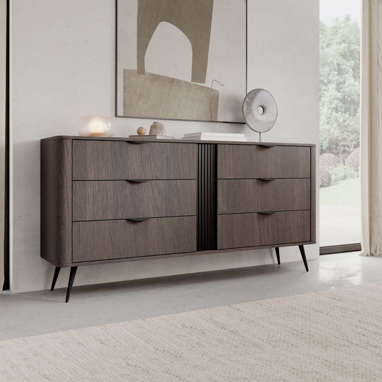 Credenza Marrone Noce Nero 6 Cassetti un Ripiano 163x38x81h cm, Apertura Scorrevole - Kaba