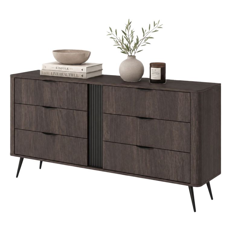 Credenza Marrone Noce Nero 6 Cassetti un Ripiano 163x38x81h cm, Apertura Scorrevole - Kaba