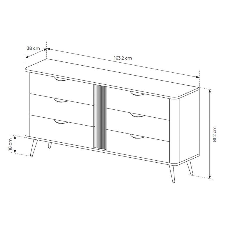 Credenza Marrone Noce Nero 6 Cassetti un Ripiano 163x38x81h cm, Apertura Scorrevole - Kaba
