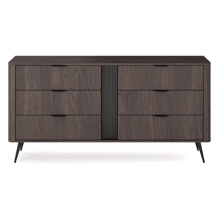 Credenza Marrone Noce Nero 6 Cassetti un Ripiano 163x38x81h cm, Apertura Scorrevole - Kaba