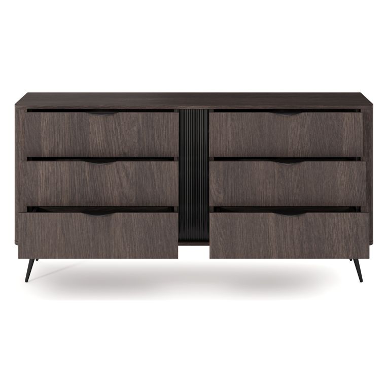 Credenza Marrone Noce Nero 6 Cassetti un Ripiano 163x38x81h cm, Apertura Scorrevole - Kaba