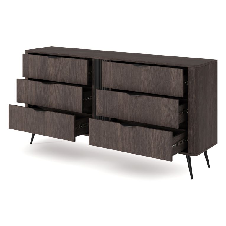 Credenza Marrone Noce Nero 6 Cassetti un Ripiano 163x38x81h cm, Apertura Scorrevole - Kaba