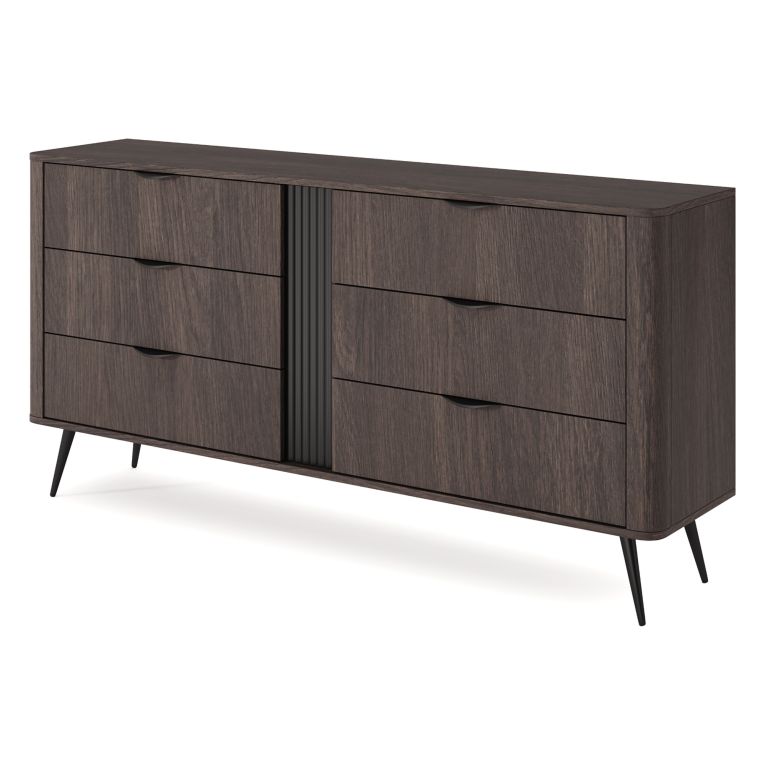 Credenza Marrone Noce Nero 6 Cassetti un Ripiano 163x38x81h cm, Apertura Scorrevole - Kaba