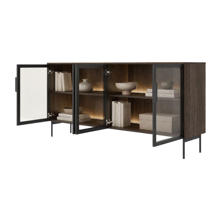 Credenza Marrone Noce Nero Antracite 2 Ripiani Apertura Battente 181x39x83h cm, 4 Ante - Hapa