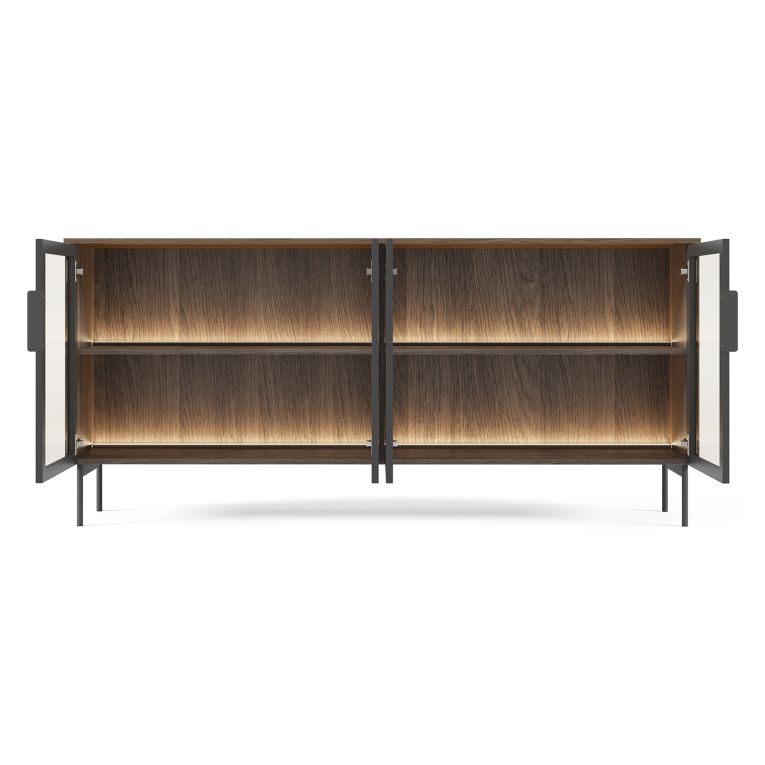 Credenza Marrone Noce Nero Antracite 2 Ripiani Apertura Battente 181x39x83h cm, 4 Ante - Hapa