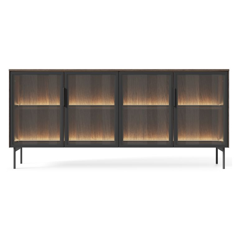 Credenza Marrone Noce Nero Antracite 2 Ripiani Apertura Battente 181x39x83h cm, 4 Ante - Hapa