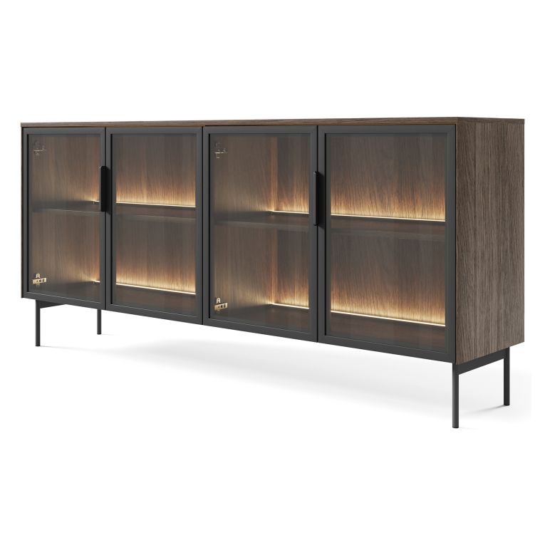 Credenza Marrone Noce Nero Antracite 2 Ripiani Apertura Battente 181x39x83h cm, 4 Ante - Hapa