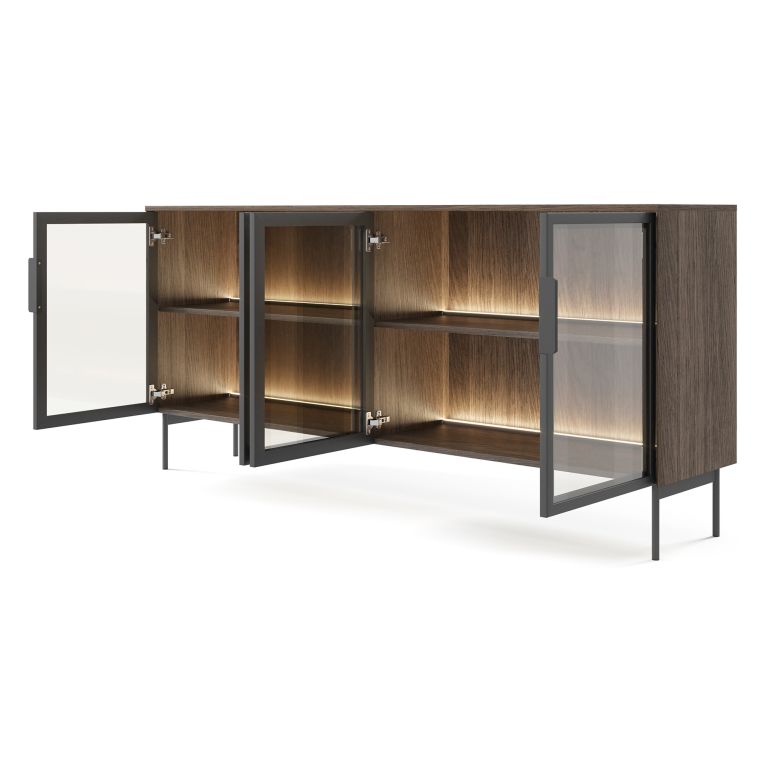 Credenza Marrone Noce Nero Antracite 2 Ripiani Apertura Battente 181x39x83h cm, 4 Ante - Hapa