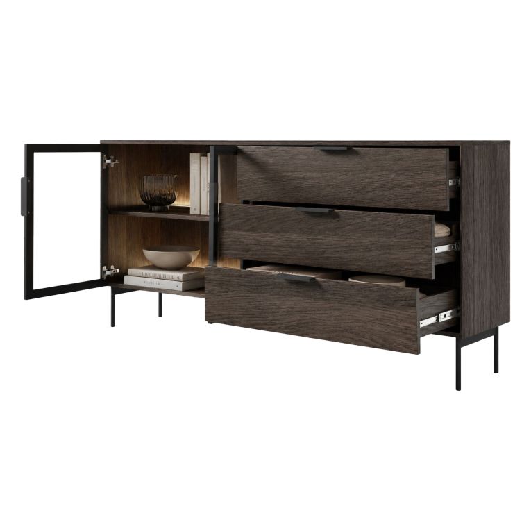 Credenza Marrone Noce Trasparente 3 Cassetti un Ripiano 181x39x83h cm, Apertura Battente, Scorrevole - Hara