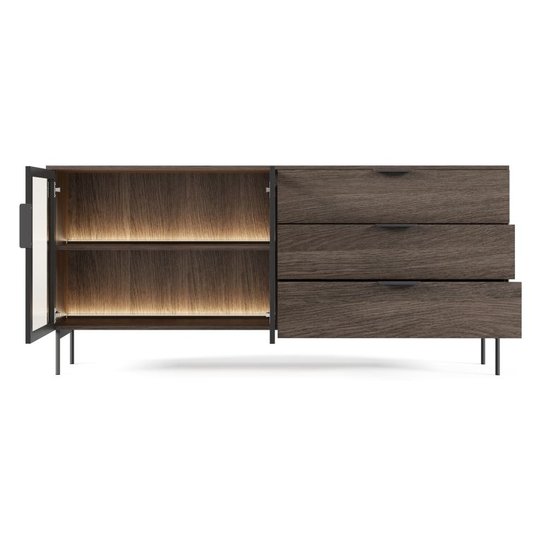 Credenza Marrone Noce Trasparente 3 Cassetti un Ripiano 181x39x83h cm, Apertura Battente, Scorrevole - Hara
