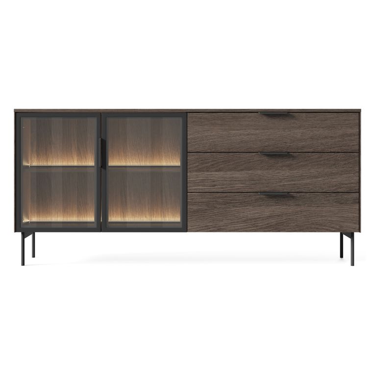 Credenza Marrone Noce Trasparente 3 Cassetti un Ripiano 181x39x83h cm, Apertura Battente, Scorrevole - Hara