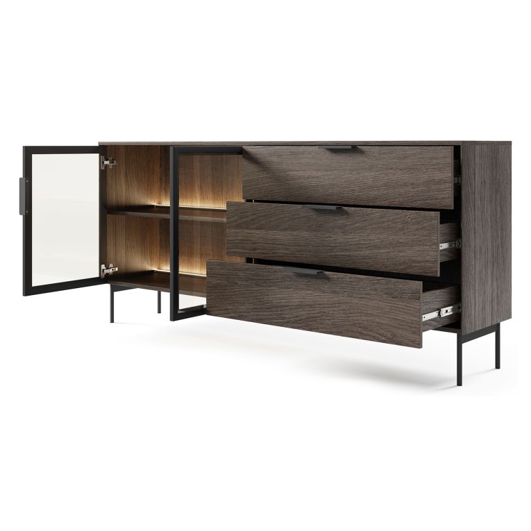 Credenza Marrone Noce Trasparente 3 Cassetti un Ripiano 181x39x83h cm, Apertura Battente, Scorrevole - Hara