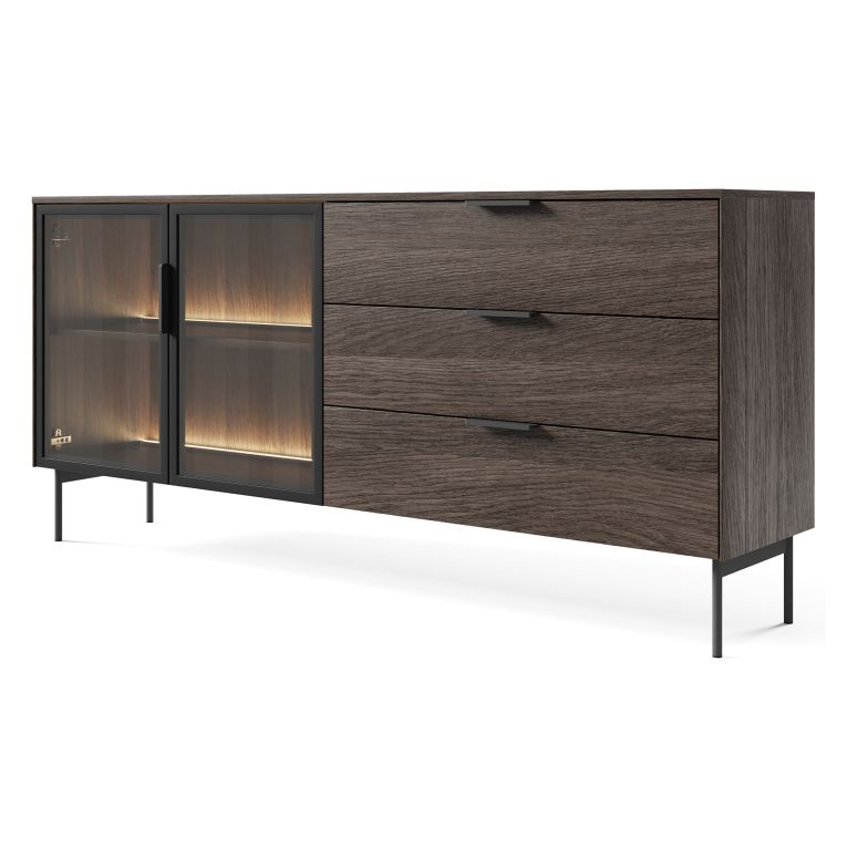 Credenza Marrone Noce Trasparente 3 Cassetti un Ripiano 181x39x83h cm, Apertura Battente, Scorrevole - Hara