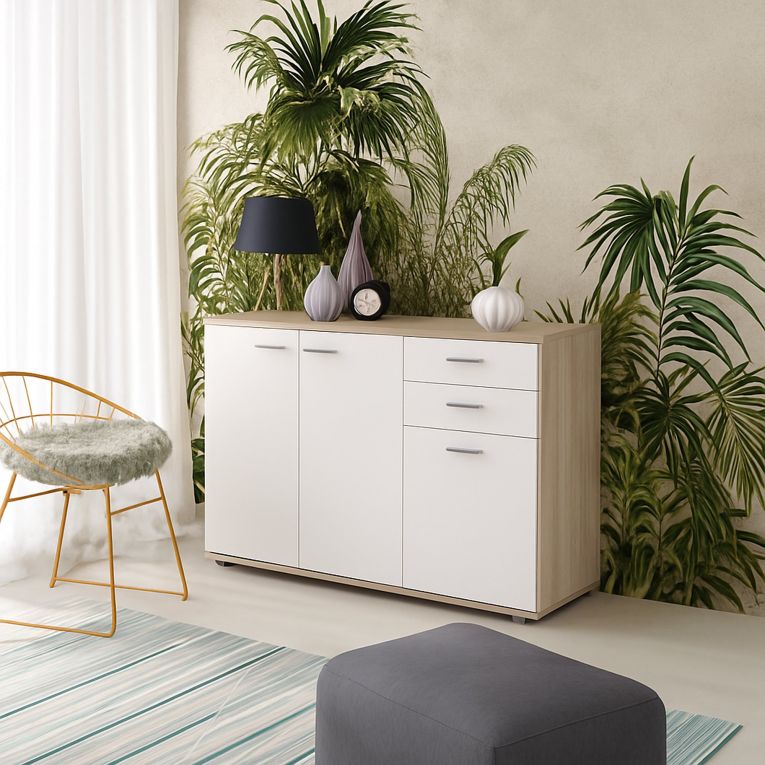 Credenza Marrone Olmo Bianco 2 Cassetti un Ripiano 103x34x74h cm, Apertura Battente - Meldola