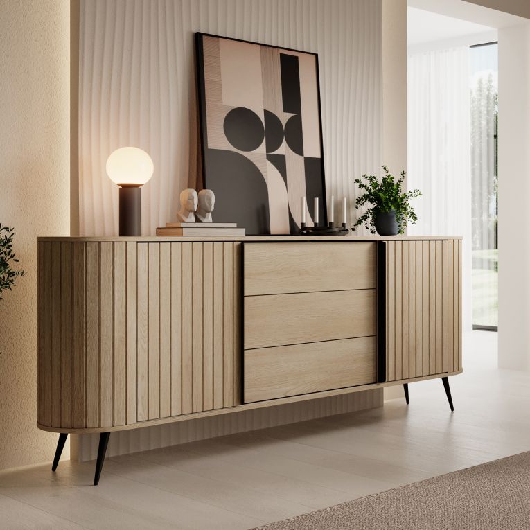 Credenza Marrone Rovere 3 Cassetti 2 Ripiani 196x40x82h cm, Apertura Scorrevole - Hanira