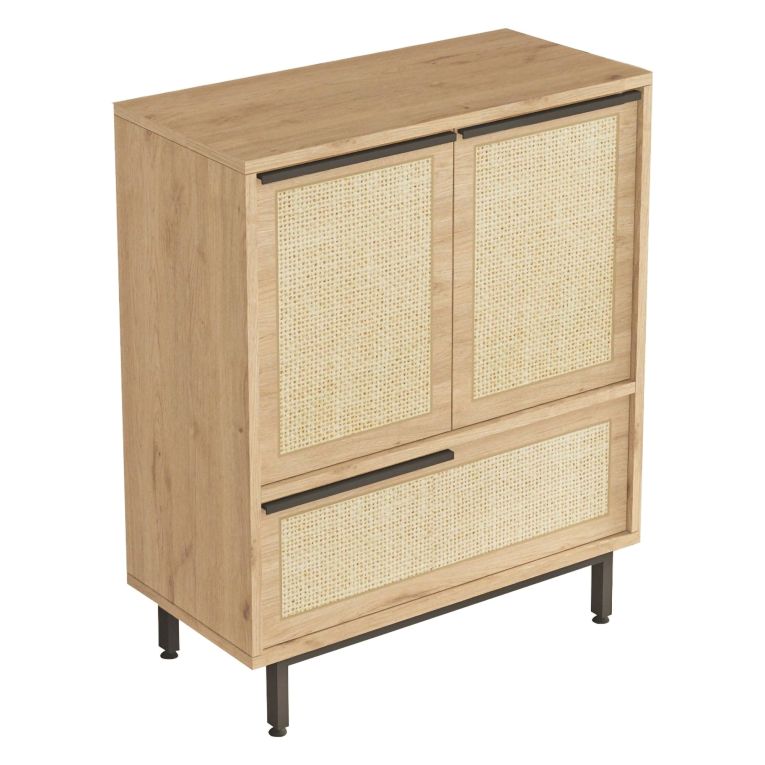 Credenza Marrone Rovere 3 Ripiani 3 Ante 75x36x90h cm, Effetto Paglia di Vienna - Faiano