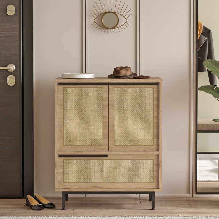 Credenza Marrone Rovere 3 Ripiani 3 Ante 75x36x90h cm, Effetto Paglia di Vienna - Faiano
