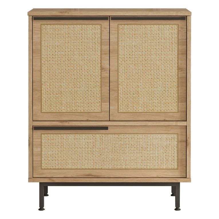 Credenza Marrone Rovere 3 Ripiani 3 Ante 75x36x90h cm, Effetto Paglia di Vienna - Faiano