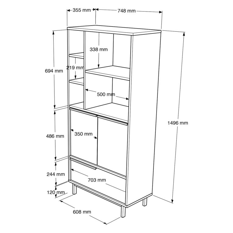 Credenza Marrone Rovere 4 Ripiani 3 Ante 75x36x162h cm, 7 Vani - Cinisi