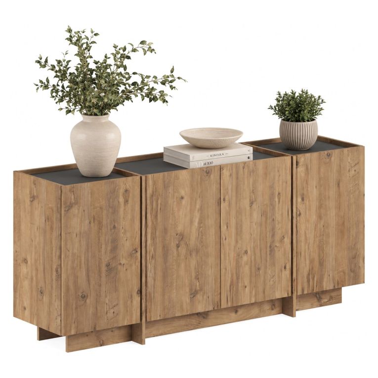 Credenza Marrone Rovere 4 Ripiani 4 Ante 180x45x80h cm, 8 Vani - Nolova