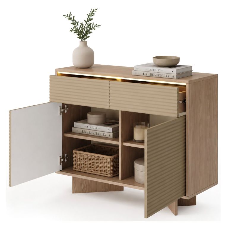 Credenza Marrone Rovere Beige 2 Cassetti 2 Ripiani 104x40x84h cm, Apertura Battente, Scorrevole - Hateva