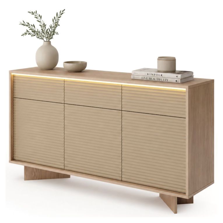 Credenza Marrone Rovere Beige 3 Cassetti 3 Ripiani 154x40x84h cm, Apertura Battente, Scorrevole - Hatareta